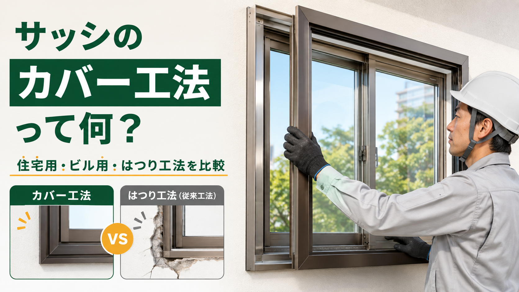 既存の窓枠に新しいサッシを取り付けるカバー工法とはつり工法の比較