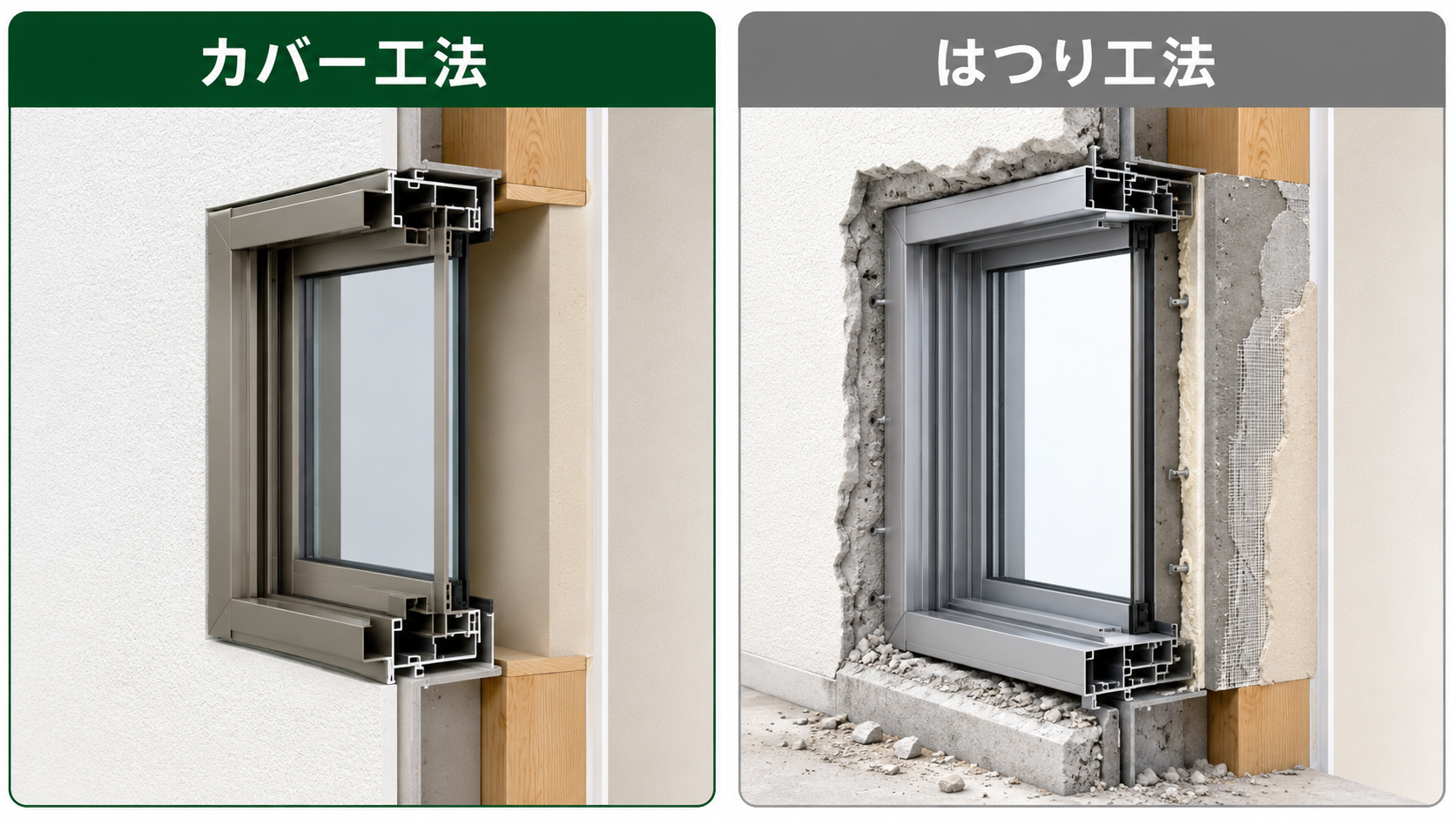 古い窓枠を残すカバー工法と窓枠ごと撤去するはつり工法の断面比較