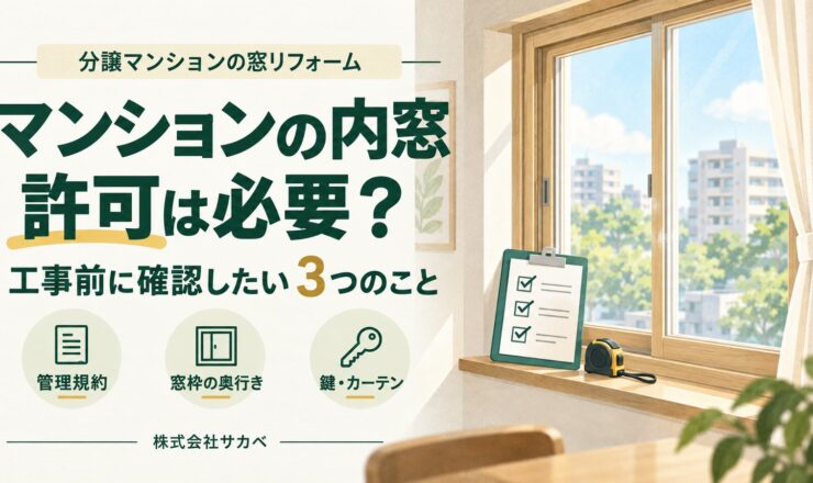 マンションの内窓設置前に確認する管理規約・窓枠の奥行き・鍵とカーテンを紹介するイラスト