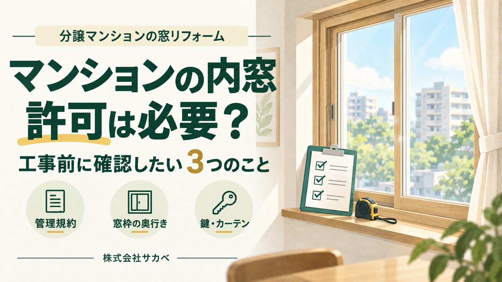 マンションの内窓設置前に確認する管理規約・窓枠の奥行き・鍵とカーテンを紹介するイラスト