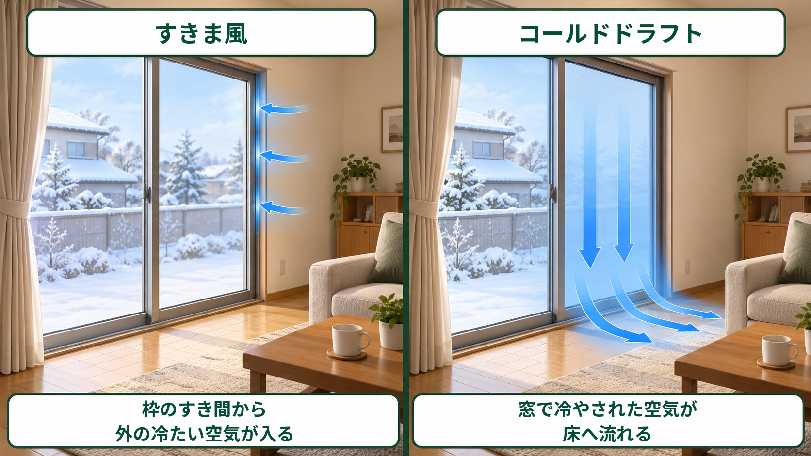 窓枠のすき間から外気が入るすきま風と、窓で冷やされた空気が床へ流れるコールドドラフトの比較図