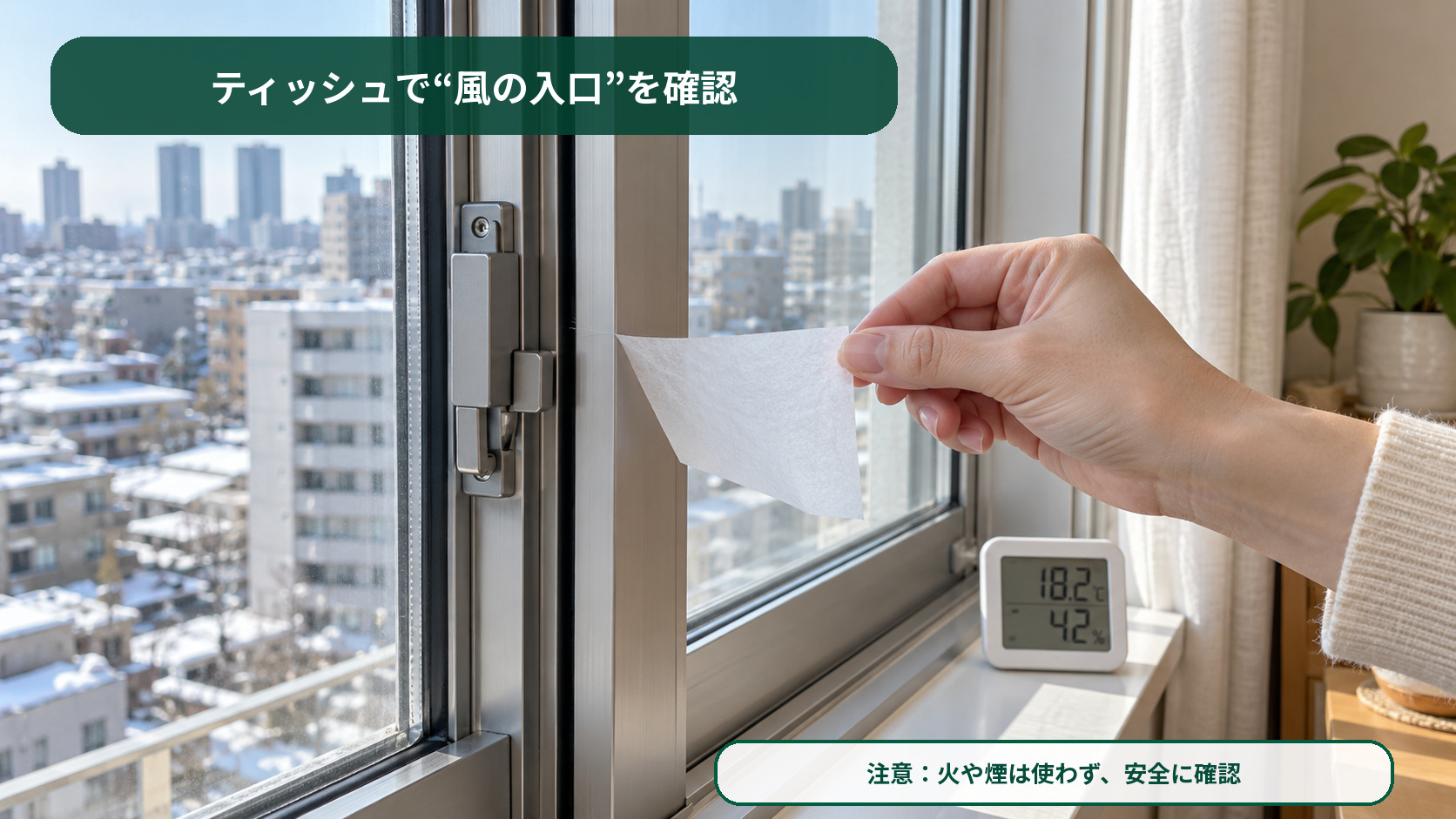 閉めた窓枠の近くへティッシュを近づけ、すきま風の場所を安全に確認する方法