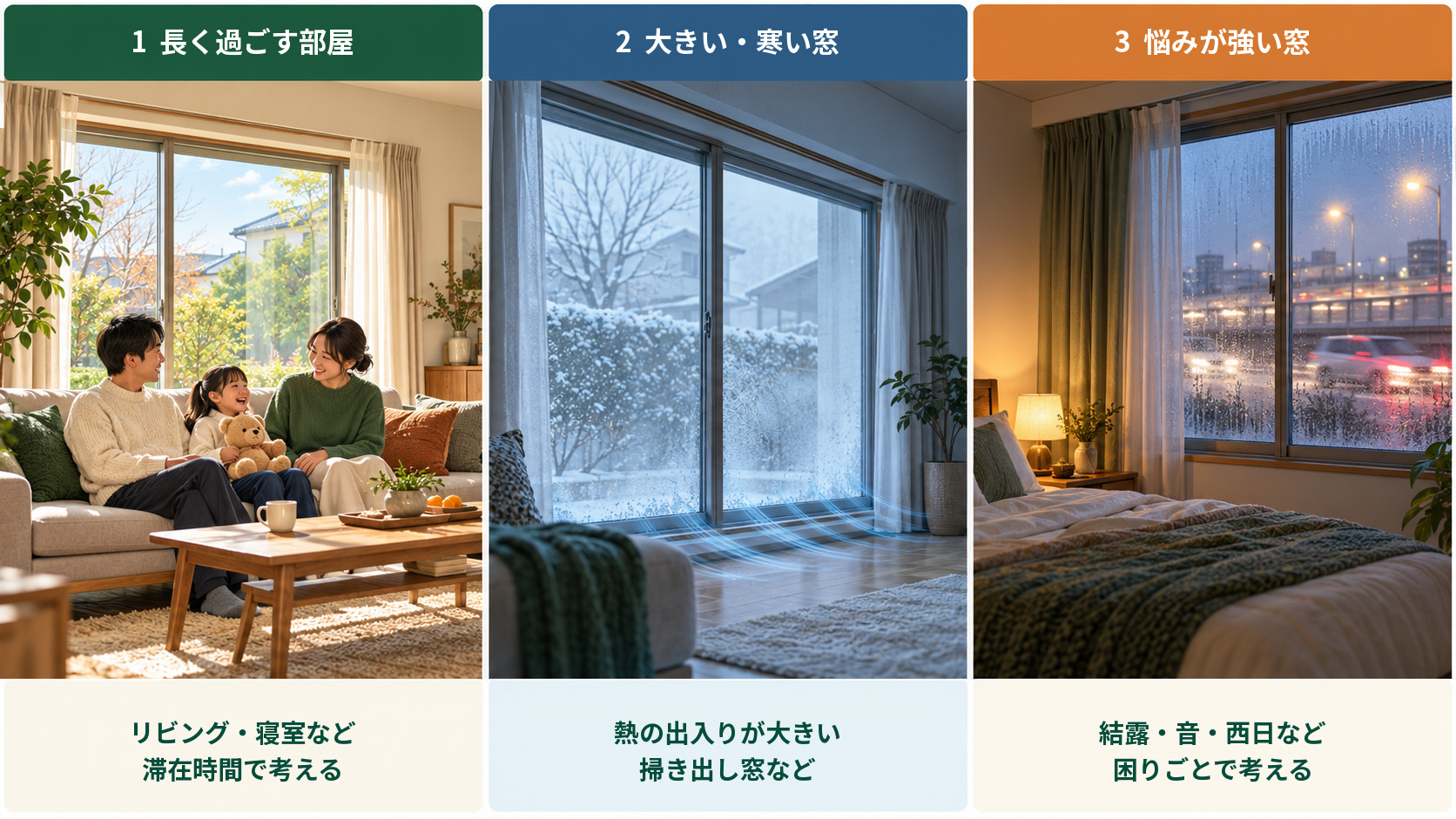 内窓を付ける優先順位として、長く過ごす部屋、大きく寒い窓、結露や音など悩みが強い窓を示す図