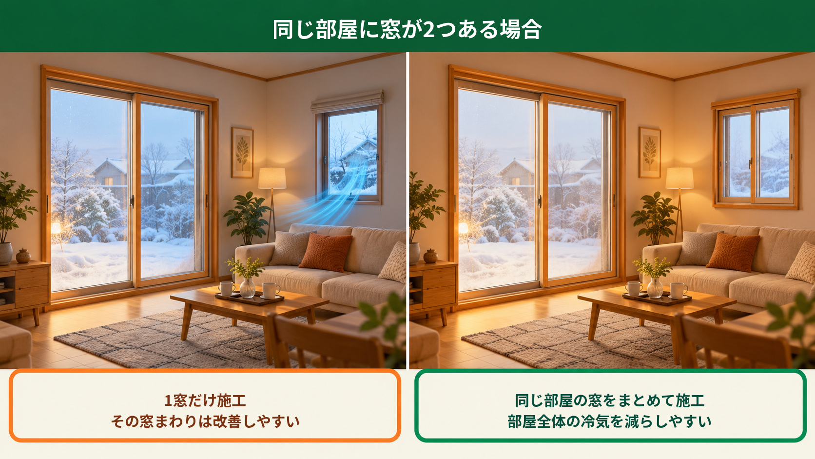 同じ部屋で1窓だけ内窓を付ける場合と、複数の窓をまとめて施工する場合の比較