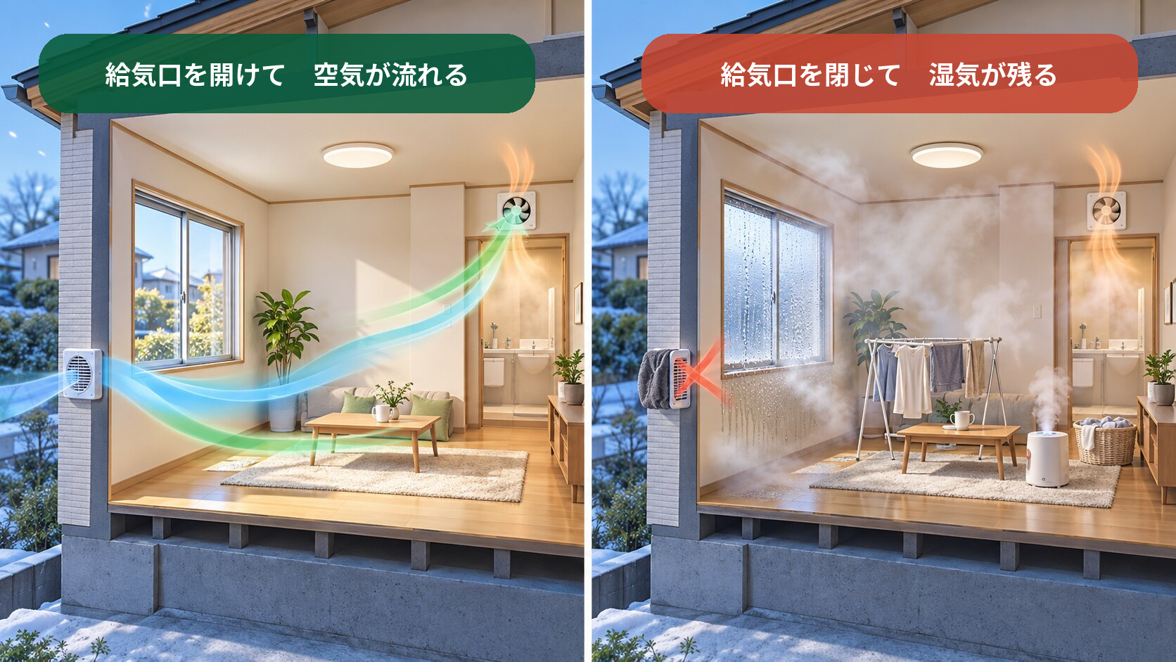 給気口から新鮮な空気を取り入れて換気扇から湿気を排出する状態と、給気口を閉じて湿気がこもる状態の比較