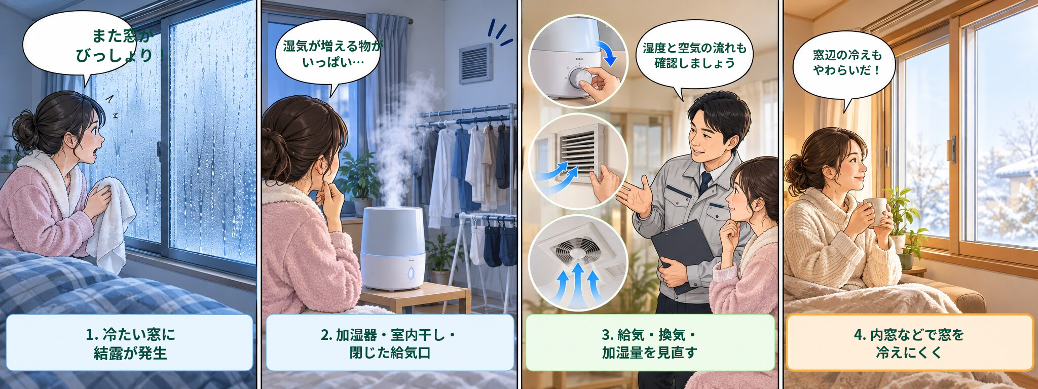 窓の結露に気づき、加湿器と給気口を確認し、換気と内窓で改善する流れを示した4コマ